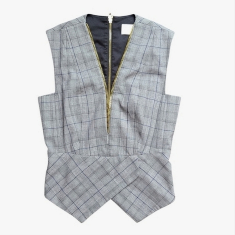 Michelle Mason Gray Plaid V-neck Zip-Trim Vest Jacket Top Women's Size 2